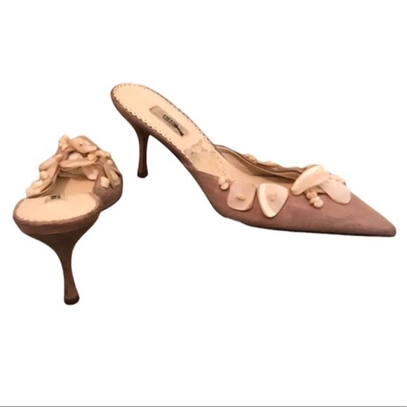 PRADA Vintage Suede Kitten Heel Mules Slides Shoes Pearl Shell Rose Blush Heels - Picture 1 of 8